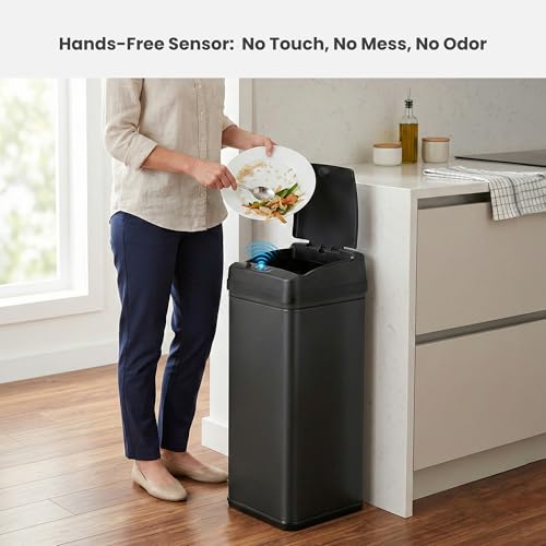 Image of iTouchless 13 Gallon Sensor Trash Can with Lid | Pet Lock and Odor Filter | Patented 50L Auto Motion Sensor Kitchen Garbage Can | Fingerprint-Proof Luxury Stainless Steel Rectangular Wastebasket, Black