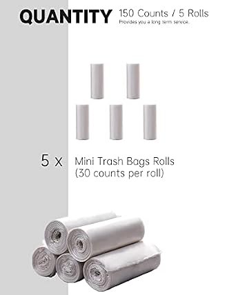 White Mini Trash Can with Lid Bundle with 5 roll / 150 Counts Mini Trash Bags