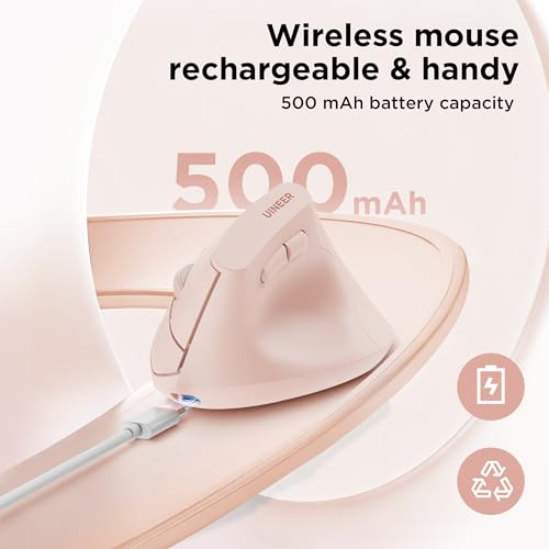 Image of Uineer Ergonomic Wireless Mouse Pink,Bluetooth Vertical Mouse with BT5.0 /4.0 /2.4G, Rechargeable with Battery Indicator,Ergonomic Design for Comfort and Reduced Wrist Strain for Home,Office Use Pink
