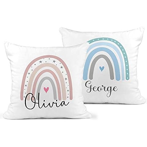 Personalised Rainbow Cushion in Pink or Blue Cover