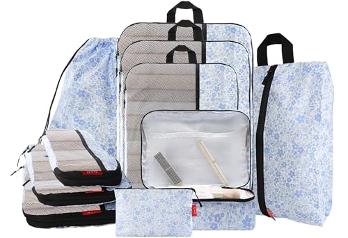 U+U 10 Set Compression Packing Cubes - Ultralight Travel Organizers with Laundry Bag and Cosmetic Bag, Space-Saving Suitcase Organizer for Travel, Business Trip and Family Vacation (Blue Flower)