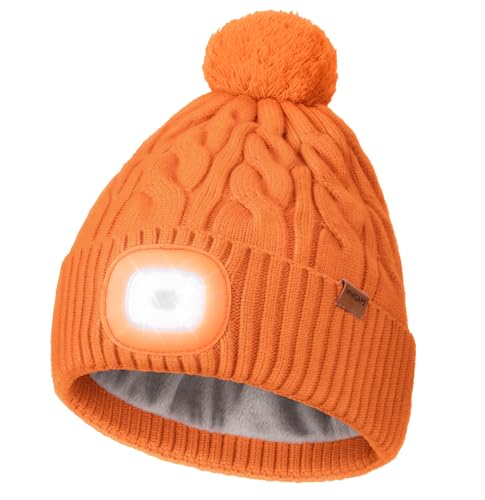 Wmcaps LED Beanie Type-C Rechargeable with Thermal Fleece Lining Hands-Free Headlamp Light Up Winter Bobble Hat with Pom-Pom for Men and Women Perfect Christmas Birthday Gift Orange