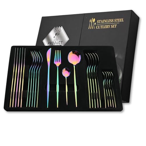 Image of Crimson Rainbow Silverware Set | 24-Piece Satin Finish French Style Stainless Steel Flatware | Elegant Giftable Box | Dishwasher Safe Cutlery for Home, Restaurants & Corporate Gifting