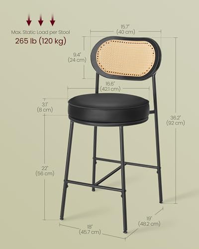 Image of VASAGLE Bar Stools Set of 2, Bar Height Stools with Rattan Back and Metal Legs, 25.1-Inch Tall Counter Chairs, Modern Leather Upholstered Barstools for Kitchen Island Dining Room, Ink Black