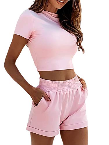 Chándal para mujer, 2 piezas, manga corta y pantalón corto, cintura elástica, traje de deporte, ropa para fitness, jogging y yoga