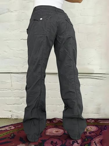 Flamingals Straight Leg Pants for Women Mid Rise Casual Button Design Flap Pockets Seam Detail Bootcut Pants4