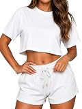 Navneet Women Crop Tops Cropped Oversized Gym T Shirts Crew Neck Basic Tops Pilates Yoga Top Casual Going Out Top Loose Fit White M