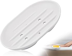 Silicone Soap Dish, Oval Soap Dish with Drain, Soap Dish Non-Slip and Robust, Soap Dish for Bathroom, Shower, Kitchen, Counter (White)
