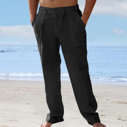 Men's Linen Casual Pants - Elastic Drawstring Waist, Loose Fit Straight Leg