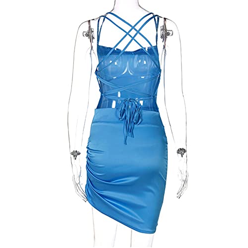 Image of JUMISEE Women Satin Ruched Lace Up Bodycon Mini Dress Sexy Backless Spaghetti Strap Party Dress for Cocktail Clubwear
