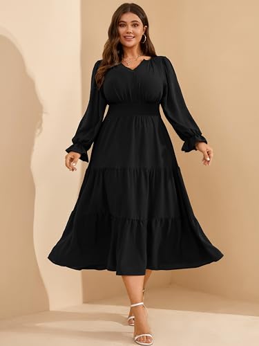 RWJ Womens Plus Size Fall Dress Long Sleeve V Neck Tiered A-Line Elegant Formal Casual Wedding Guest Maxi Dresses4
