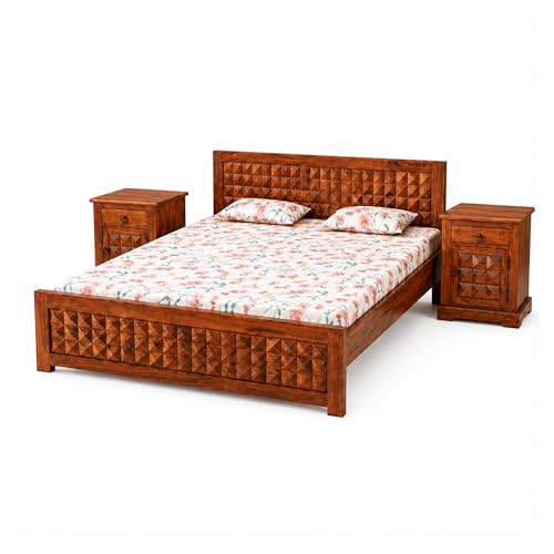 Image of SONA ART & CRAFTS Diamond Solid Sheesham Wood Bedroom Set | King Size Bed Without Storage, Wardrobe, Cabinet with Mirror & Two Bedside Tables - Natural Finish (Assembly Included)