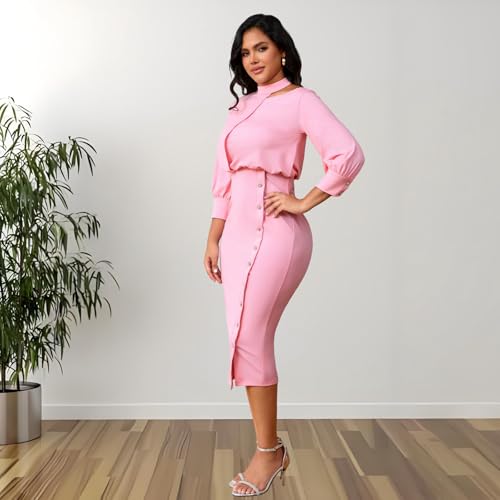 Image of shengfan Women's Casual Long Sleeve Work Bodycon Midi Dresses Round Neck Formal Wedding Cocktail Party Wrap Pencil Dress