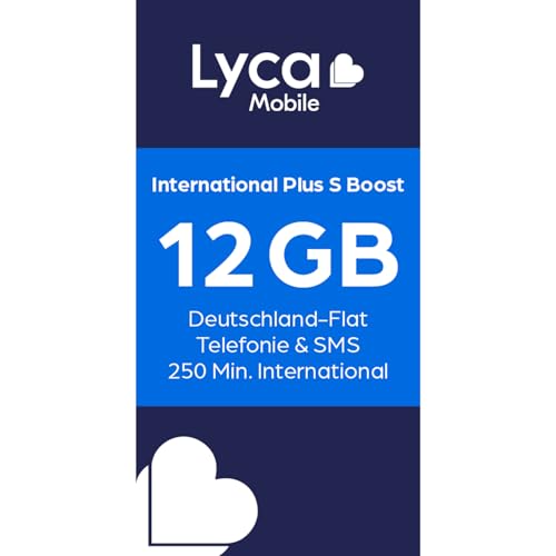 Lycamobile International Plus S Boost Tarjeta SIM prepaga sin Contrato, Incluye 12 GB de Volumen de Datos
