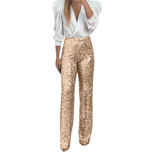 Celanisai - Pantalones de mujer largos con paillettes, talle alto, brillantes, pierna recta, paillettenhose, para fiesta, palazzo, glitterhose, skinny, de ocio, plateado, schlaghose, pierna ancha