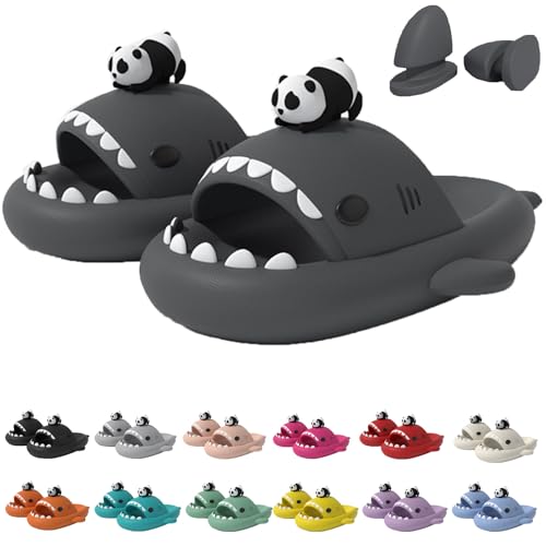 Panda Shark Slides, Cloud Sharky Original Shark Slides Anti-Slip House Slippers Beach Shoes Casual Shark Sandals for Women Men (Dark Gray,5.5-6 Women/4-4.5 Men)