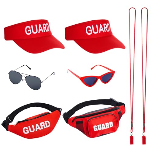 cnomg 8Pcs Guard Costume Set Lifeguard Costume Accessories Hat Sunglasses Whistle Fanny Pack for Women Men Halloween Beach Fancy Dress up Party Red