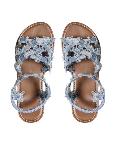 Floerns Women's Criss Cross Denim Sandals Strappy Flat Sandals with Ankle Straps