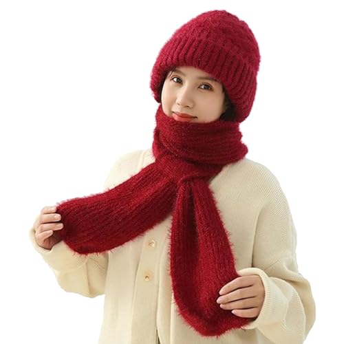 Bufanda de Gorro de Punto cálida 2 en 1 con protección para Las Orejas integrada, Bufanda de Punto Grueso, Gorro de Invierno, Rojo