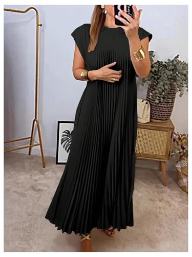 GORGLITTER Women's Pleated Church Maxi Dresses Summer Casual Short Sleeve Crew Neck Flowy Loose Long Sundresses 20254