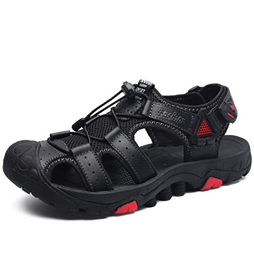 Visionreast Outdoorsandalen voor heren, met klittenbandsluiting, voor op het strand, leer, zomer, met gesloten trekkingschoenen, wandelschoenen