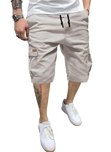 Image of JMIERR Mens Casual Cotton Twill Cargo Shorts Drawstring Classic Chino Stretch Short with 6 Pockets
