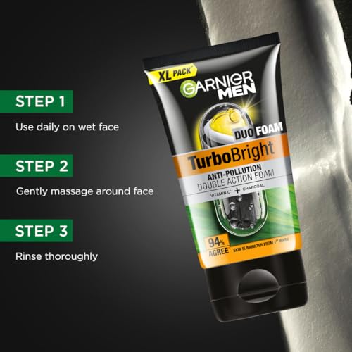 Image of Garnier Men, Face Wash, Brightening & Anti-Pollution, TurboBright Double Action, 155 g (Pack of 2)