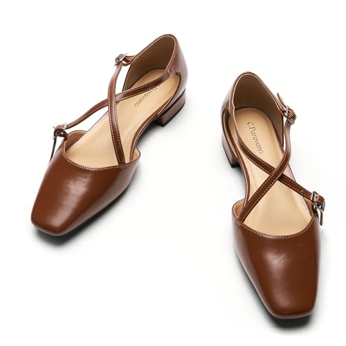 C.Paravano Women's Flats Square Toe Cross-Strap Sandals Stylish Comfortable Dress Shoes for Casual Wear, Work, Travel & Social Events