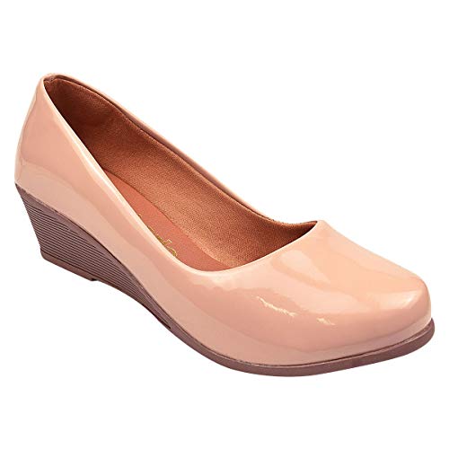 Sapato Scarpin Verniz Anabela Salto Médio Eleganteria Tamanho:35;Cor:Natural Nude