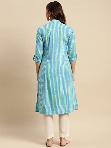 Image of rangita Women's Rayon Relaxed Fit Straight Calf Length Striped Front Slit Kurti | Kurta