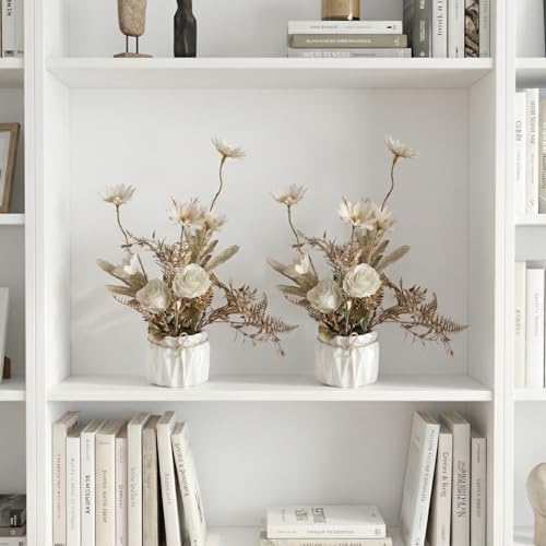 Image of Dekorly Artificial Lavender Plant in White Pot, 18cm - Realistic Faux Flower Arrangement for Home & Office Decor (Set of 1) (2, White Dry ROS)