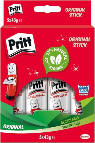 Pritt Glue Stick Safe & Child-Friendly Craft Glue for Arts & Crafts Activities Strong-Hold Adhesive for School & Office Supplies 43g (Pack of 5) Transparent