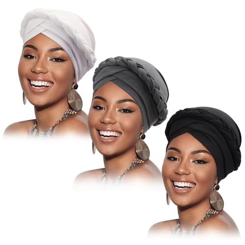 DRESHOW Turban Pre-Tied Twisted Braid Hair Cover Wrap Hat African Beanie Headwraps for Black Women Chemo Cancer Cap