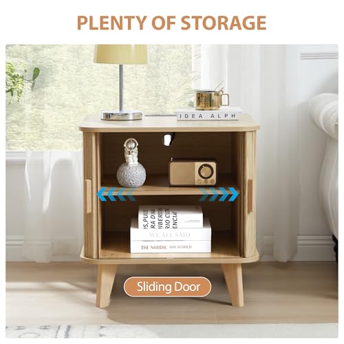 AVZEAR 24\" Large Square End Table with Charging Station, Farmhouse Fluted Sofa Side Table with Sliding Tambour Door & Storage, Curved Rustic Wood Nightstand for Living Room, Bedroom, Natural