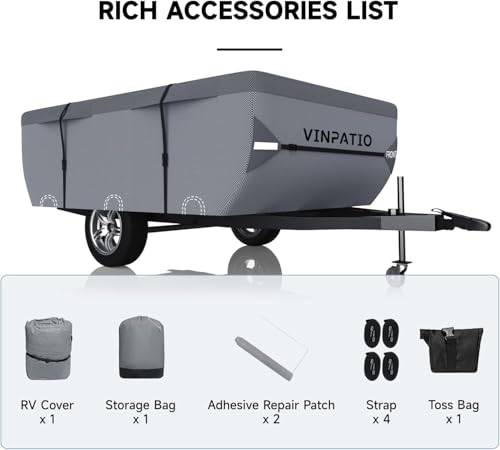 Image of VINPATIO Pop Up Camper Cover: Folding Camper Tent Trailer Cover Fits 16'-18' Trailers, Waterproof & Anti-UV Pop-up Camper Cover with Windproof Straps