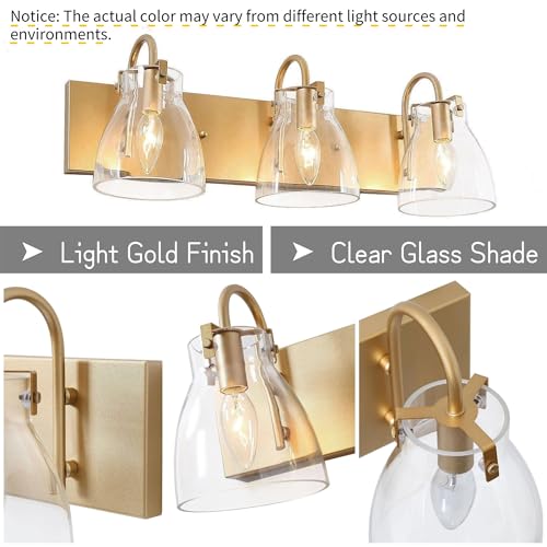 Image of KSANA Gold Bathroom Light Fixtures, 22'' Modern Vanity Lights with Clear Bell-Shaped Glass Shade, 3-Light Bathroom Lighting Over Mirror