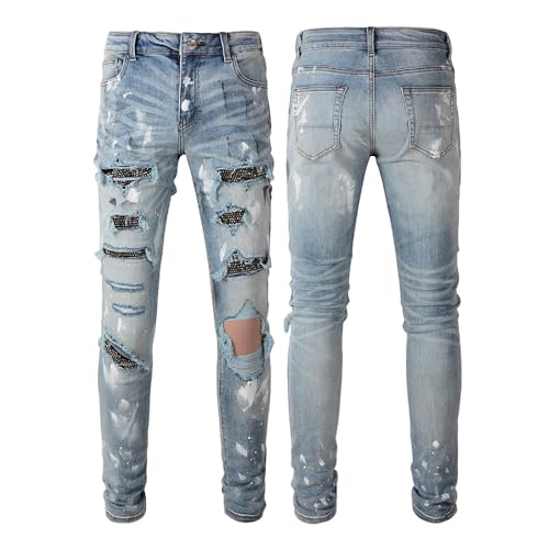 Mens Crystals Patched Jeans Skinny Splash Stretch Slim Distressed Ripped Graffiti Painted Rhinestone Stacked Pants