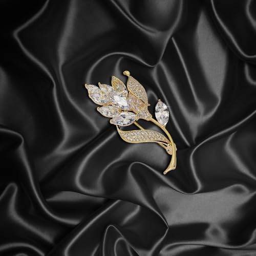 Image of Gold Crystal Flower Leaf Brooches for Womne Elegant Rhinestone Pearl Floral Brooch Pins Fashion Jewelry Brooch pin Accessories for Women Men Gift