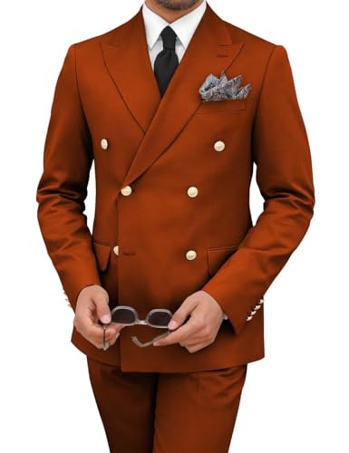 Mens 2 Piece Double Breasted Suit Regular Fit Gold Button Blazer Wedding Prom Formal Suits Set for Men