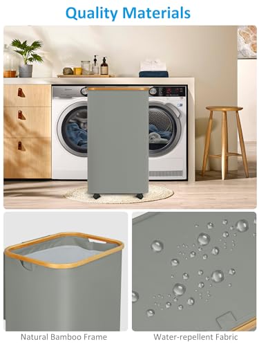 Image of efluky Laundry Basket with Wheels, Tall Rolling Laundry Hamper with Lid and Removable Bag, Aesthetic Dirty Clothes Hamper on Wheels for Laundry Room, Bedroom, Dorm and Bathroom, 100L Grey