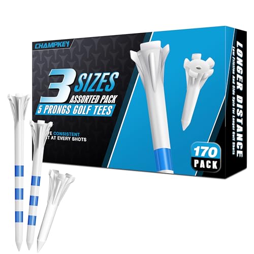 CHAMPKEY Professional 170 Pack 5-Prong Plastic Golf Tees 3 Sizes Assorted Pack - 100 Pcs 3-1/4