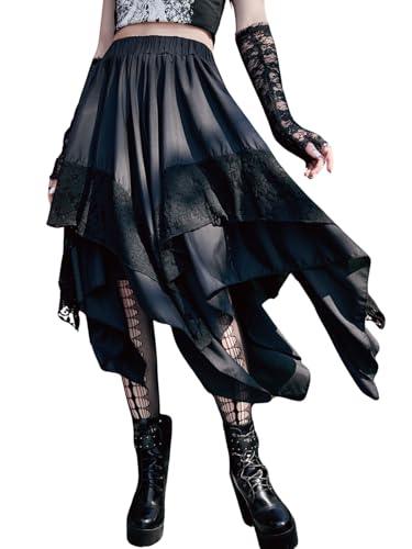 Verdusa Women's Renaissance Pirate Skirt 2026 Y2k Contrast Lace Asymmetrical Midi Skirts Whimsical Clothes Black X-Large