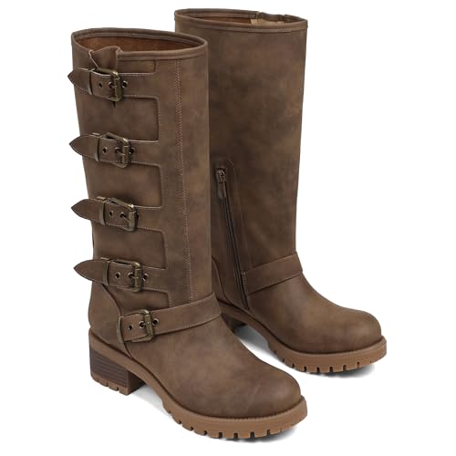 Image of AMINUGAL Knee High Boots Women Square Toe Pull On Wide Calf Riding Fashion Buckles Chunky Metallic Casual Vintage Buckle Rivet
