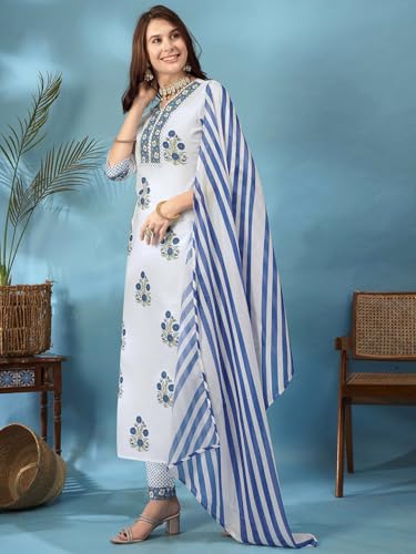 Image of Tee Projekt Women's Cotton Blend Floral Printed Straight Kurta Pant with Dupatta Set ll V Neck Kurta Set