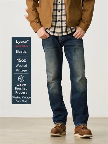 Men Spring Loose Straight Brushed Liner Fabric Jeans Vintage Elastic Denim Pants Vintage Blue 342
