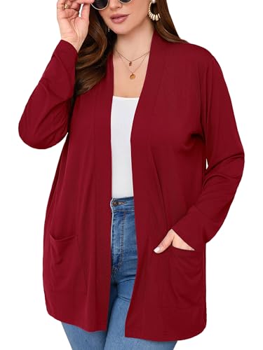 Image of AusLook Plus Size Lightweight Cardigans for Women Open Front Pockets Jacket | 1X-5X,Soft Stretch,Long Sleeve,Longline Coverage,Dress Jeans Layer,Work Travel Style,Spring Fall Wear