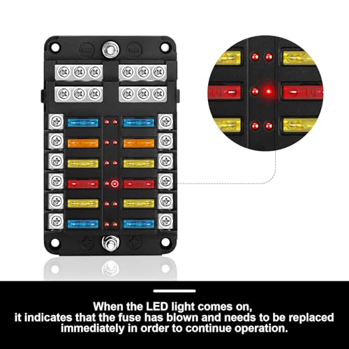 12 Fach Flachsicherung, 12V Sicherungshalter KFZ Sicherungskasten, 24 Sicherungen Wasserdichte Sicherungsblock mit LED-Anzeige Positiver Negativer für DC 12V / 24V Auto Boot LKW Van SUV