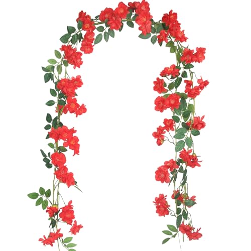 GhuaH 2 Pcs Artificial Flowers Garland for Outdoors Red Faux Gardenia Garland 15.5Ft Silk Rose Hanging Vines Floral for Wedding Arch Party Wall Garden Ceremony Backdrop Fence Spring Decor