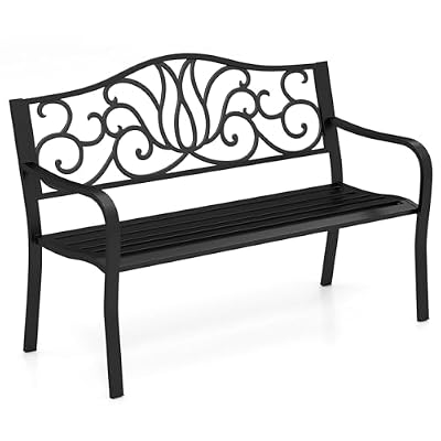 Tangkula 50 Inches Outdoor Garden Park Bench, Cast Iron Metal Front Porch Loveseat with Floral Design Backrest and Slatted Seat, Patio Bench with Armrests for Outside, Yard and Lawn, Black