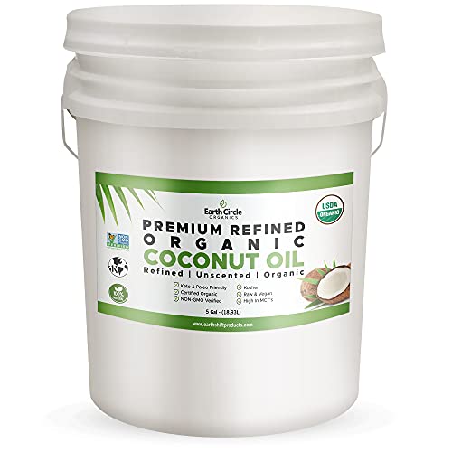 Earth Circle Organics Premium Ultra Pure REFINED Organic Coconut Oil - Steam Refined, Keto & Paleo Friendly - Pure Coconut Oil For Skin & Hair Care, Cooking (5 Gallon)
